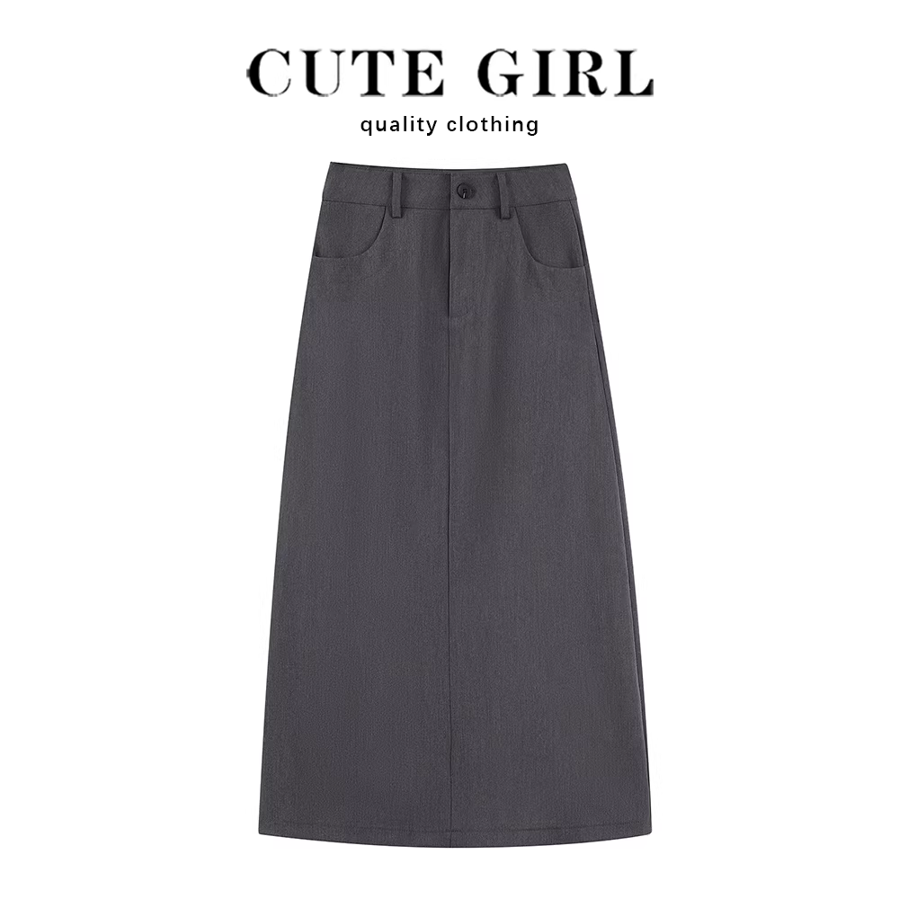 Váy xẻ tà cao eo dáng ôm màu xám CuteGirl, kiểu dáng mới mùa thu 2025 dành cho nữ, dáng chữ A, dài ngang đùi