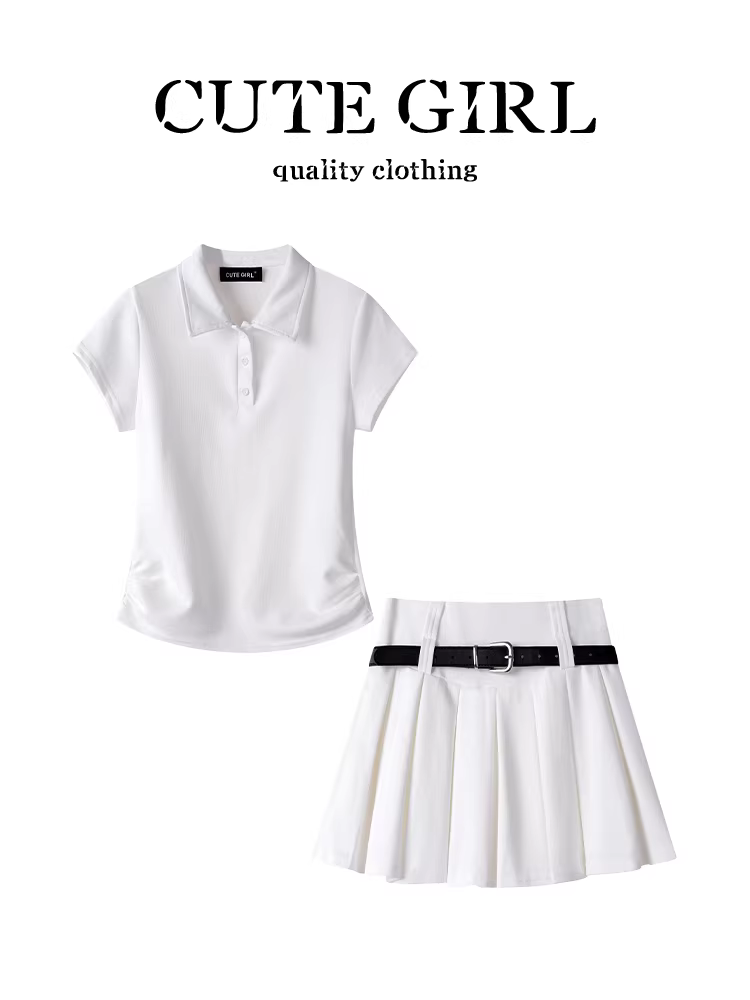 Bộ đồ nhỏ nhắn xinh xắn dành cho nữ, áo thun ngắn tay cổ Polo màu trắng mùa hè và váy hai mảnh