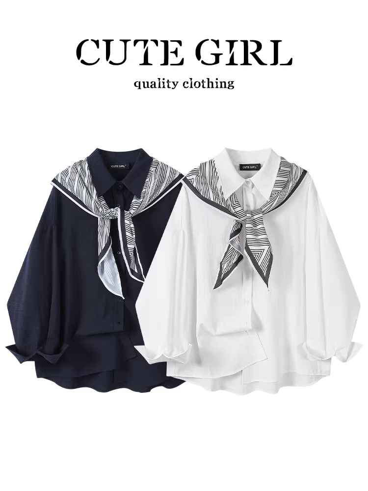 Áo sơ mi dài tay màu trắng phong cách Pháp có khăn choàng cho nữ, áo sơ mi dáng rộng đa năng cao cấp mùa thu