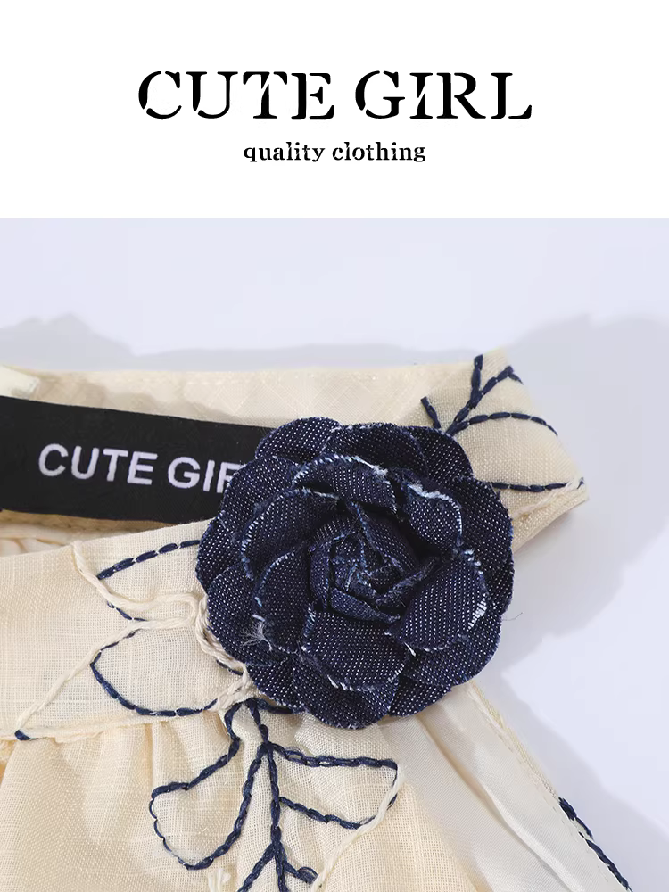 CuteGirl kiểu Pháp thêu nặng hoa ba chiều cổ yếm kiểu dây áo kiểu dáng mùa hè dành cho nữ áo dáng rộng