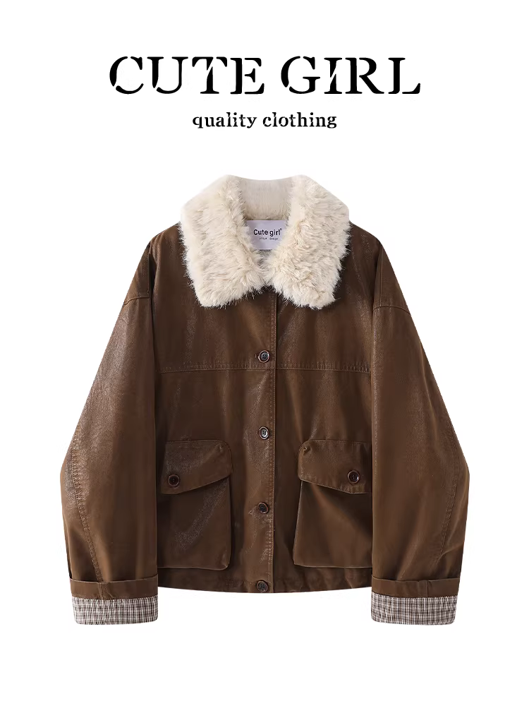 CuteGirl kiểu Mỹ cổ điển màu caramel cổ áo da lộn lót lông cừu áo khoác da nữ mùa đông cao cấp áo khoác đi xe máy