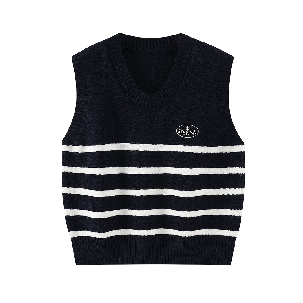 Áo vest dệt kim sọc tương phản theo phong cách retro của Mỹ của CuteGirl Áo vest cổ chữ V thiết kế mùa đông dành cho nữ