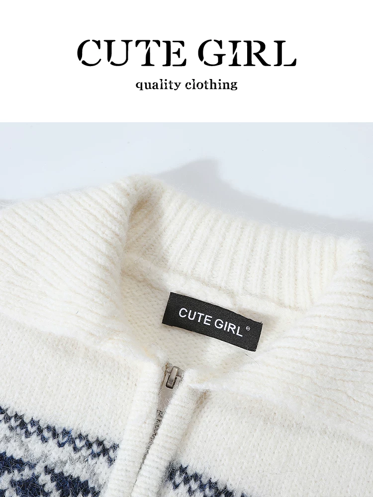 Áo len có khóa kéo jacquard Fair Isle lấy cảm hứng từ thiết kế CuteGirl dành cho nữ, phong cách mùa đông, dáng rộng và đa năng, chất liệu dệt kim có cổ.