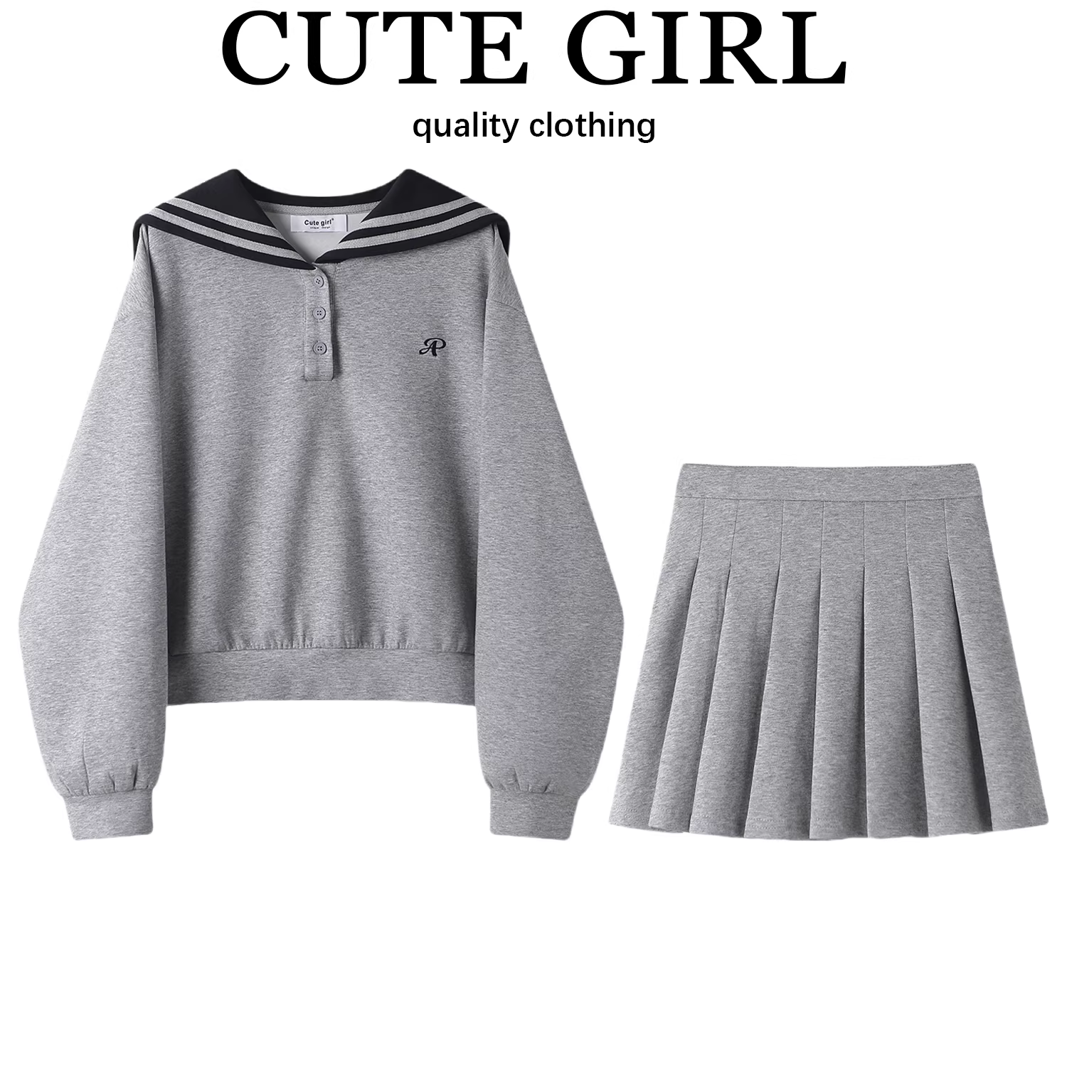 CuteGirl phong cách Hàn Quốc tương phản cổ áo màu xám hải quân áo len nữ mùa xuân váy ngắn xếp ly bộ đồ hai mảnh