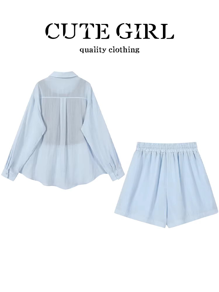 Bộ trang phục phong cách Hàn Quốc dành cho nữ, áo chống nắng màu xanh mùa hè có dây đeo và quần short cạp cao, bộ ba món