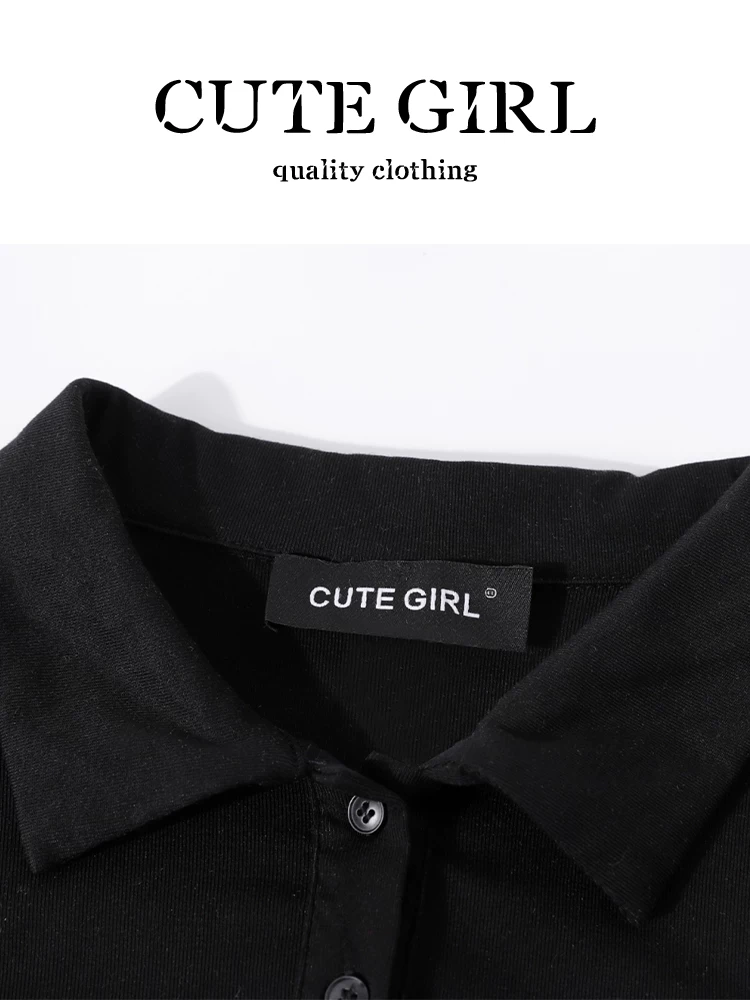 Bộ đồ cao cấp và sành điệu của CuteGirl dành cho nữ, áo thun ngắn tay cổ polo màu đen mùa hè và váy hai mảnh