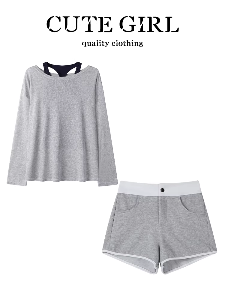 CuteGirl phong cách Hàn Quốc thể thao màu xám chống nắng áo thun nữ mùa hè có dây đeo màu khối quần short cạp cao bộ ba món