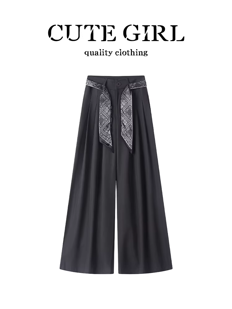 Bộ đồ phong cách retro Hàn Quốc của CuteGirl có khăn quàng cổ, quần ống rộng dành cho nữ, quần thường ngày đa năng eo cao thanh lịch mùa thu