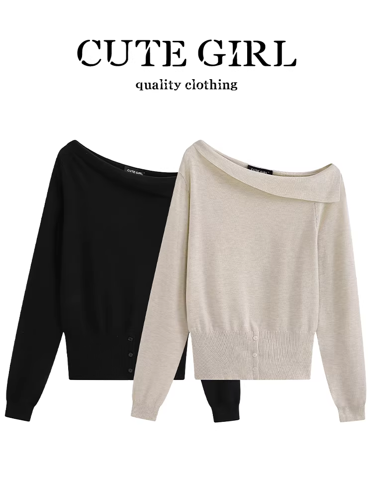 Áo dệt kim lệch vai màu mơ lấy cảm hứng từ thiết kế CuteGirl dành cho nữ, phong cách lười biếng mùa thu, áo dáng rộng, giản dị, đa năng.