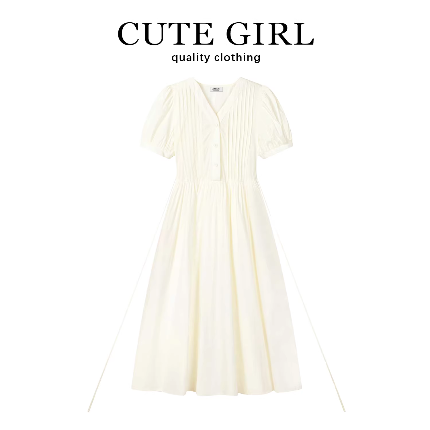 Váy tay phồng cổ chữ V phong cách Pháp CuteGirl dành cho nữ, phong cách mùa hè, phong cách dịu dàng, váy dài thon gọn eo