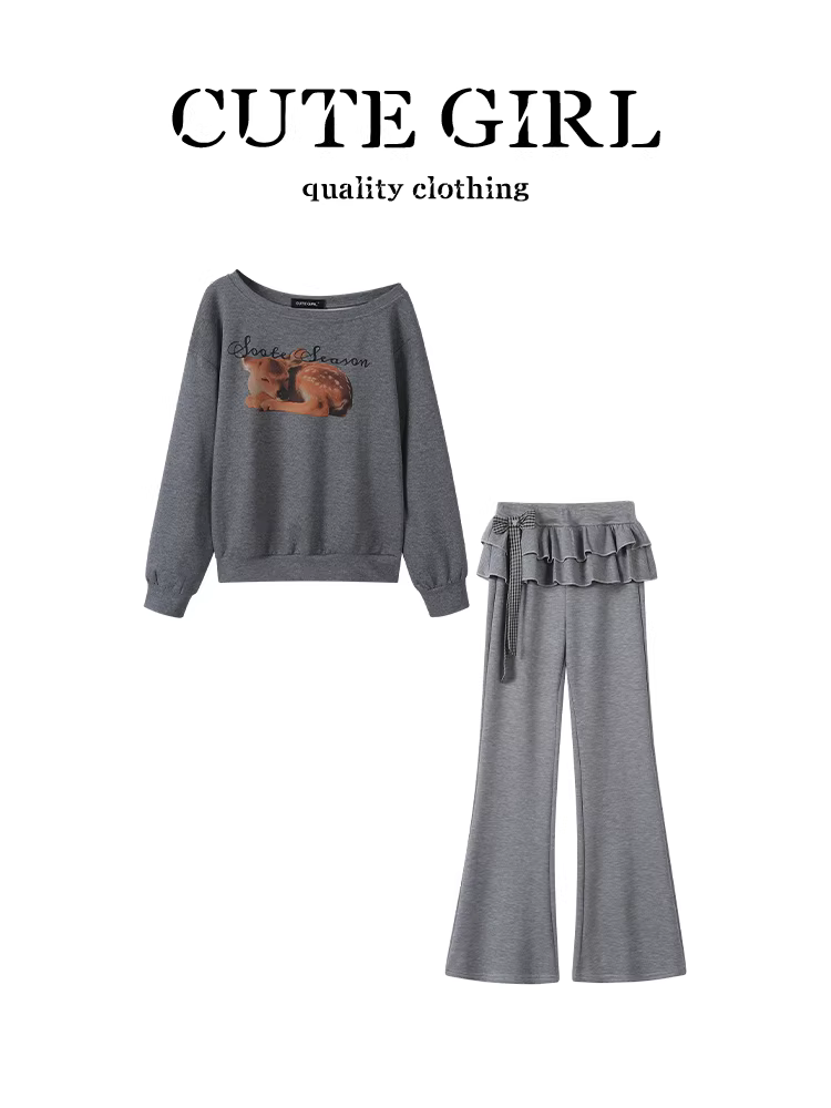 Bộ trang phục đầu thu phong cách Hàn Quốc của CuteGirl dành cho nữ, áo len trễ vai in họa tiết màu xám có dây rút quần dài hai mảnh
