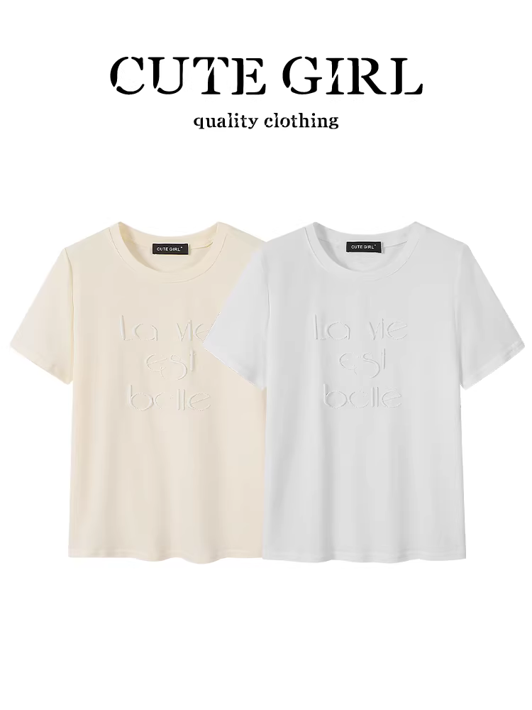 Áo thun trắng ngắn tay thêu chữ giảm tuổi phong cách Hàn Quốc dễ thương dành cho nữ, trang phục ootd mùa hè, áo cổ tròn