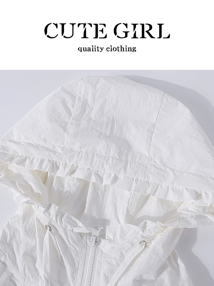 Áo khoác chống nắng có mũ trùm đầu màu trắng thêu phong cách Hàn Quốc dành cho nữ, quần short lưng cao co giãn mùa hè Bộ hai món