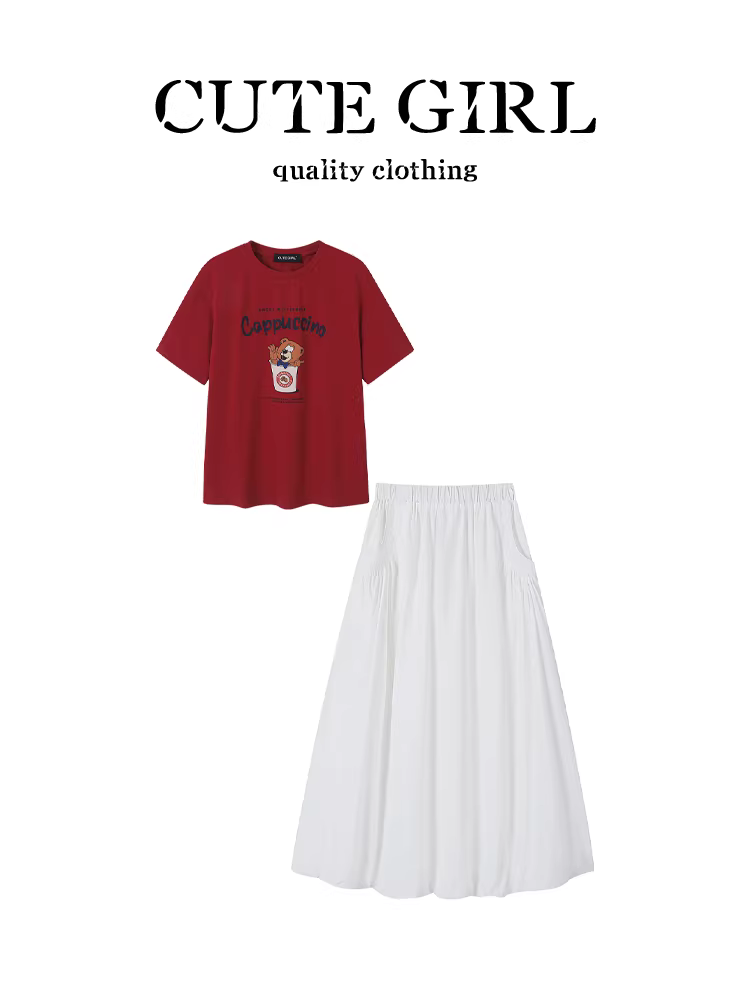 CuteGirl trang phục mùa hè độc đáo và đẹp mắt dành cho nữ, áo thun in hình hoạt hình màu đỏ và váy trắng hai mảnh