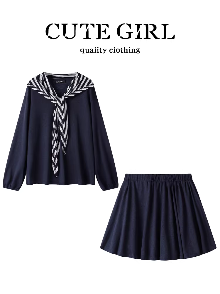 Bộ trang phục giảm tuổi tác CuteGirl dành cho nữ vào đầu mùa thu: khăn choàng, áo thun dài tay, váy chữ A lưng cao, bộ hai mảnh