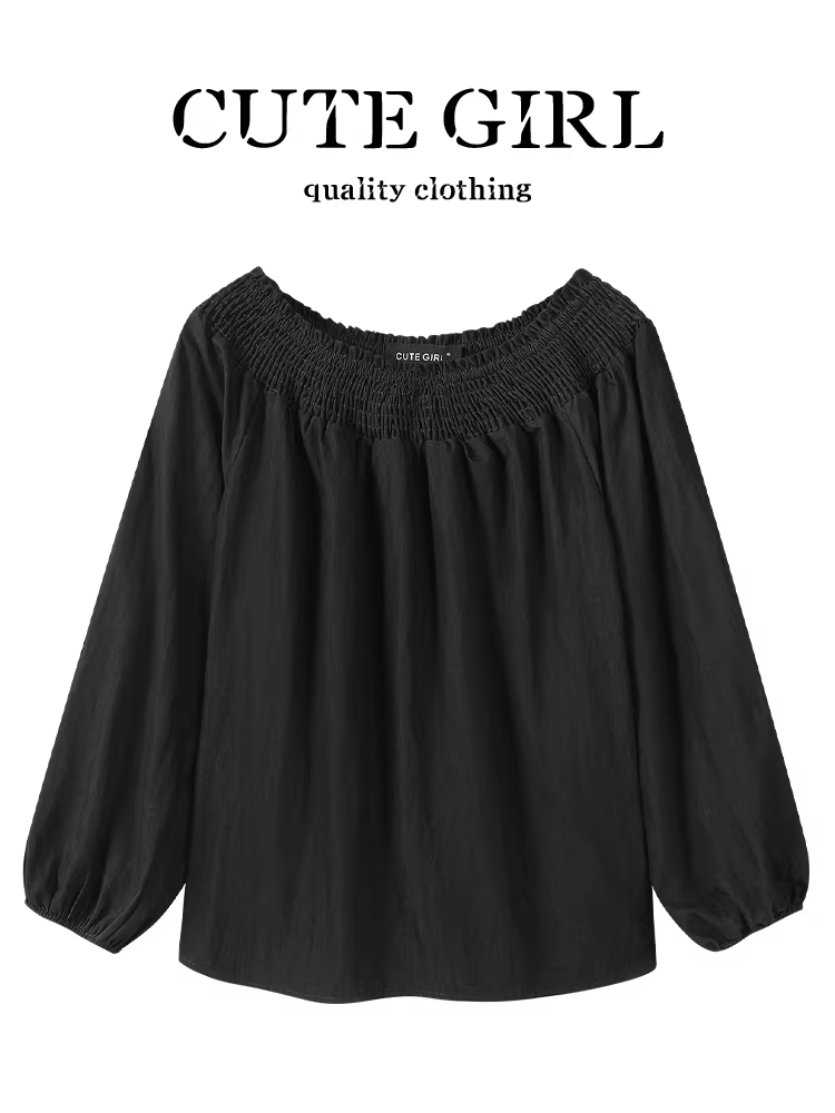 Áo sơ mi lệch vai xếp ly màu đen phong cách Hàn Quốc dễ thương dành cho nữ, áo kiểu dáng rộng rãi, giản dị, sang trọng cho mùa thu.