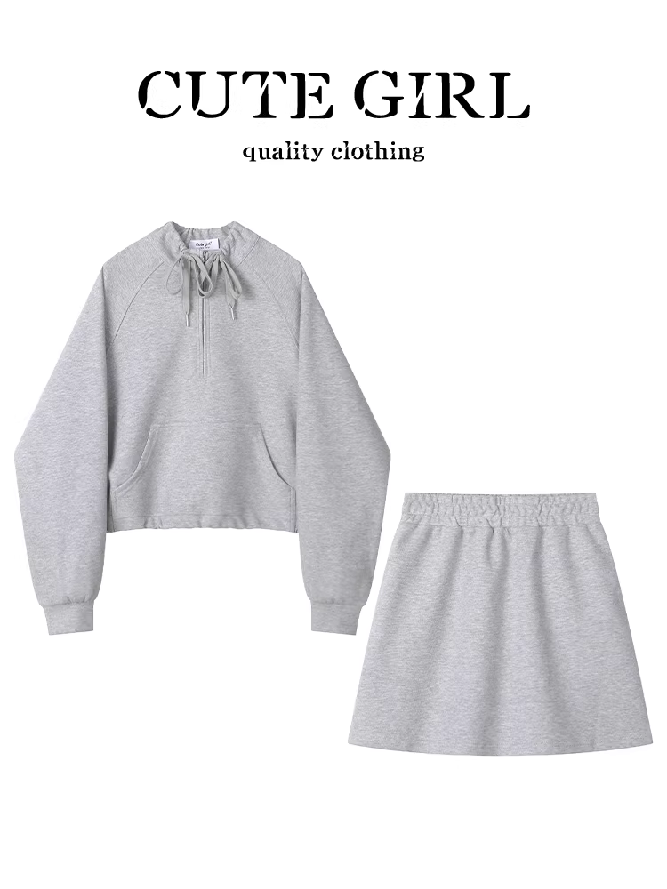 Bộ trang phục đầu thu phong cách Hàn Quốc CuteGirl dành cho nữ, áo len cổ đứng màu xám thể thao và váy chữ A hai mảnh