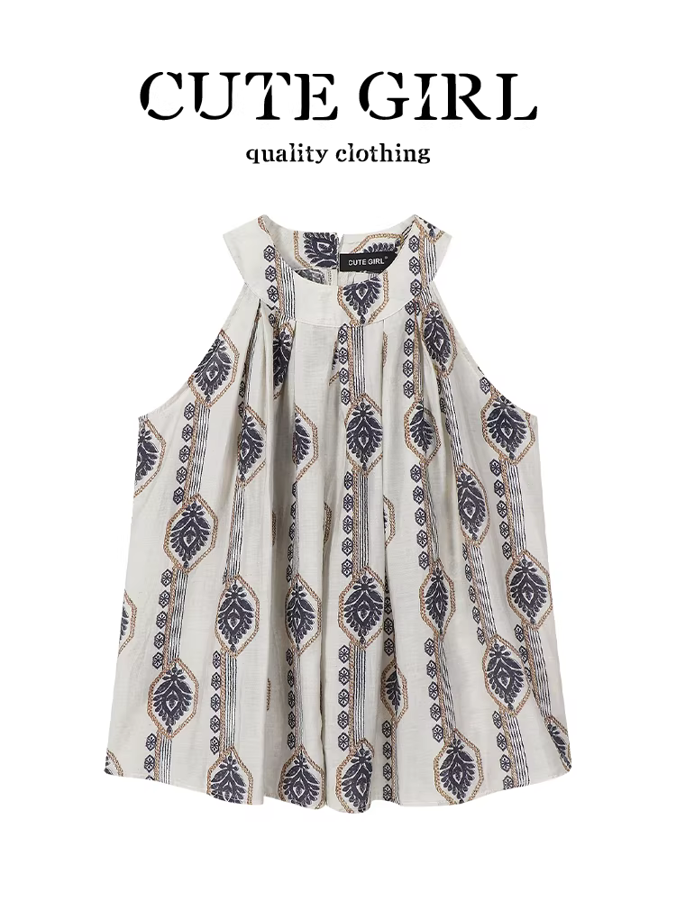 Áo yếm cổ yếm in họa tiết phong cách cổ điển của CuteGirl thời trang mùa hè dành cho nữ áo trễ vai dáng rộng đa năng