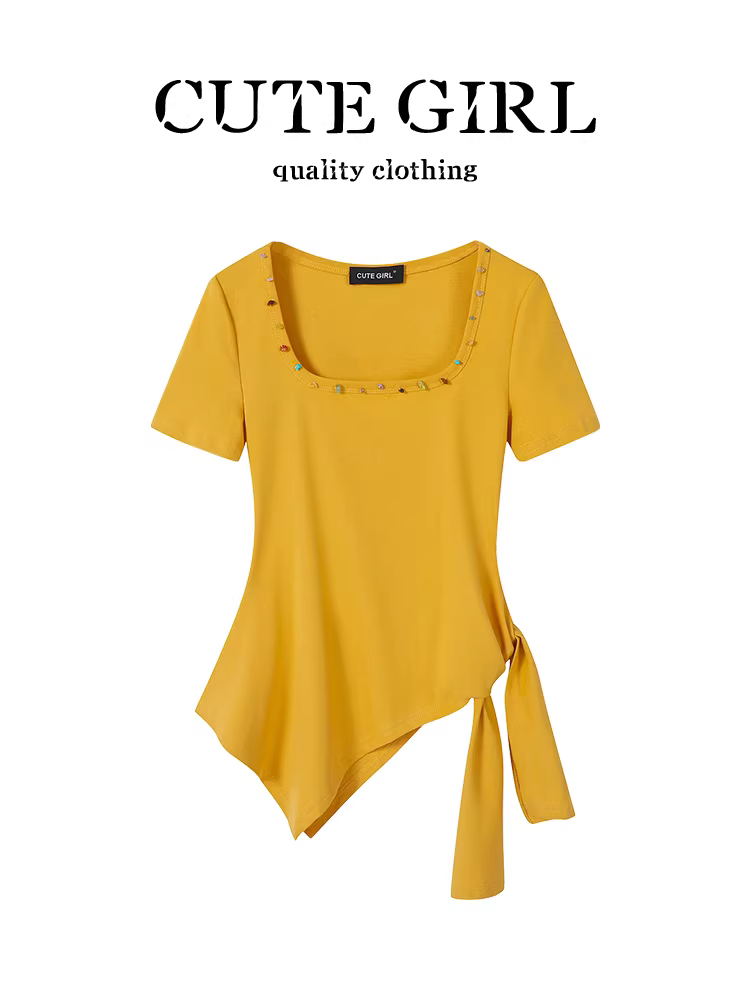Áo thun ngắn tay cổ vuông màu vàng không đều kiểu Hàn Quốc của CuteGirl dành cho nữ, thiết kế mùa hè với kiểu dáng ôm sát có dây buộc