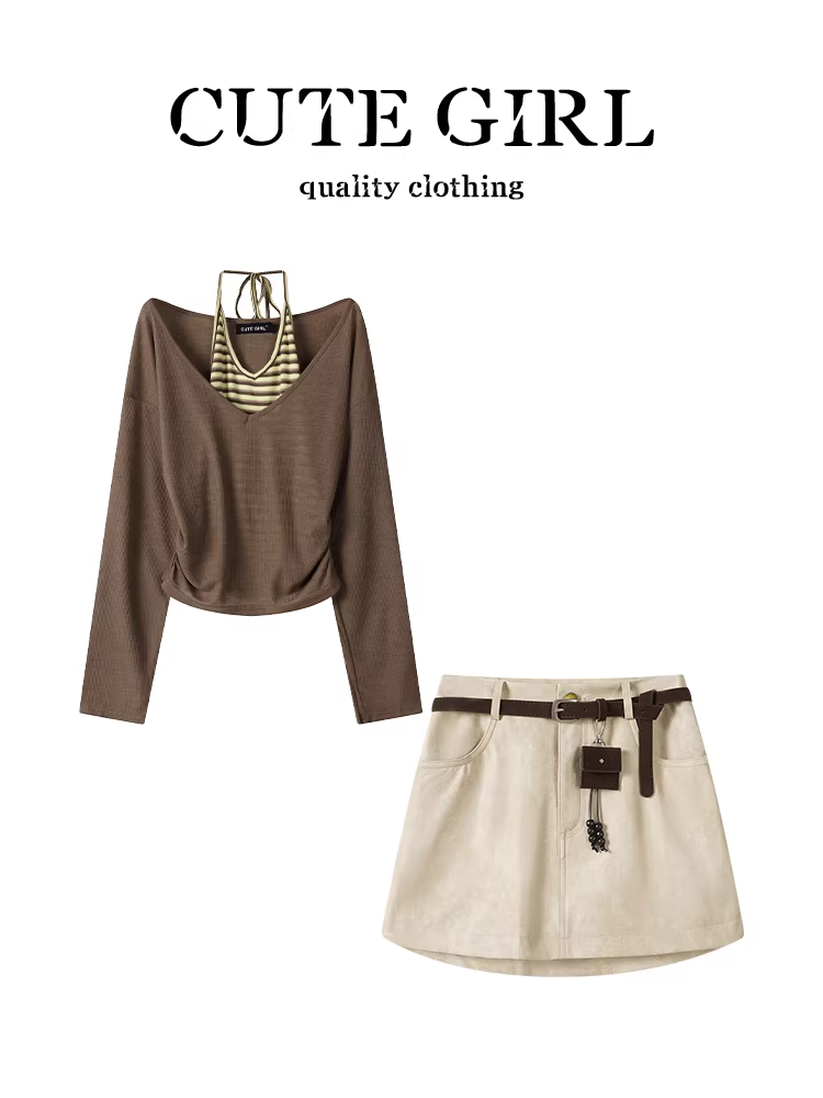 Trang phục đầu thu của CuteGirl là một bộ hoàn chỉnh gồm áo hai dây dài tay màu cà phê phong cách thuần khiết và gợi cảm cùng bộ váy chữ A.