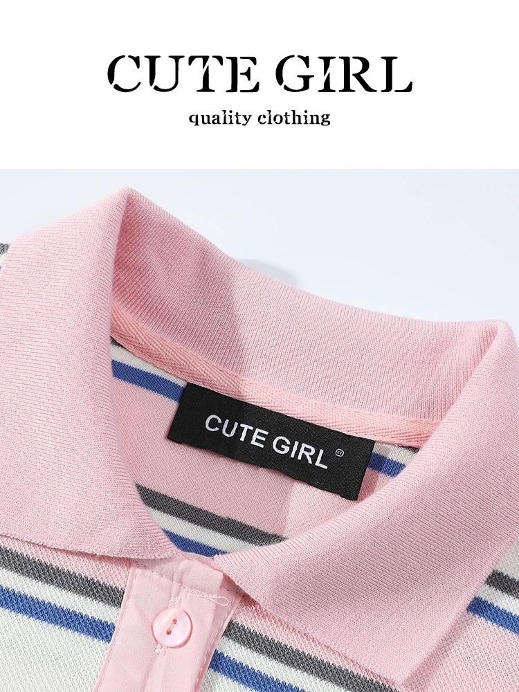 Áo thun ngắn tay có cổ sọc phối màu phong cách Hàn Quốc dành cho nữ, phong cách đại học mùa hè, dáng rộng và đa năng, áo giảm tuổi tác.