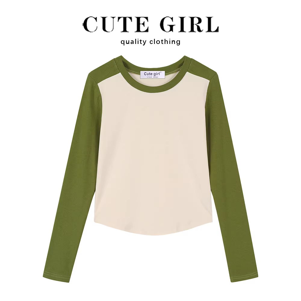 Áo thun nữ dáng ôm CuteGirl có lớp lót bên trong, kiểu dáng mới thu đông 2025, phong cách Mỹ, tay dài phối màu