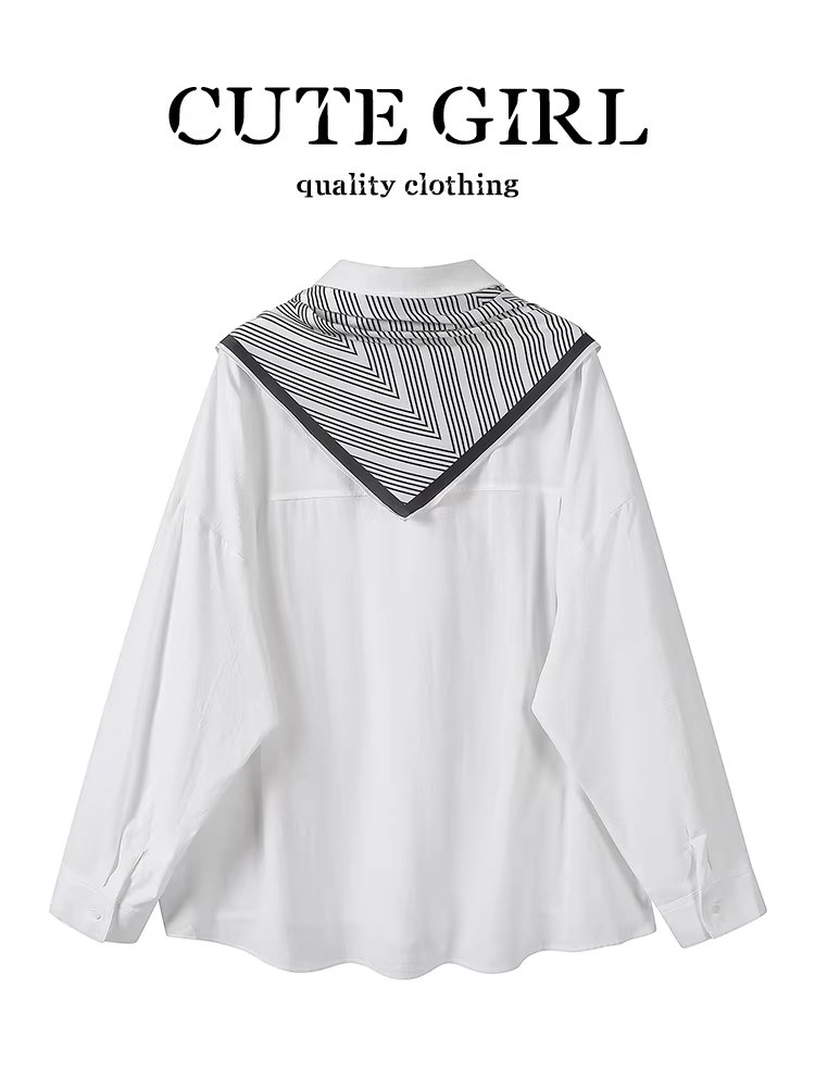 Áo sơ mi dài tay màu trắng phong cách Pháp có khăn choàng cho nữ, áo sơ mi dáng rộng đa năng cao cấp mùa thu