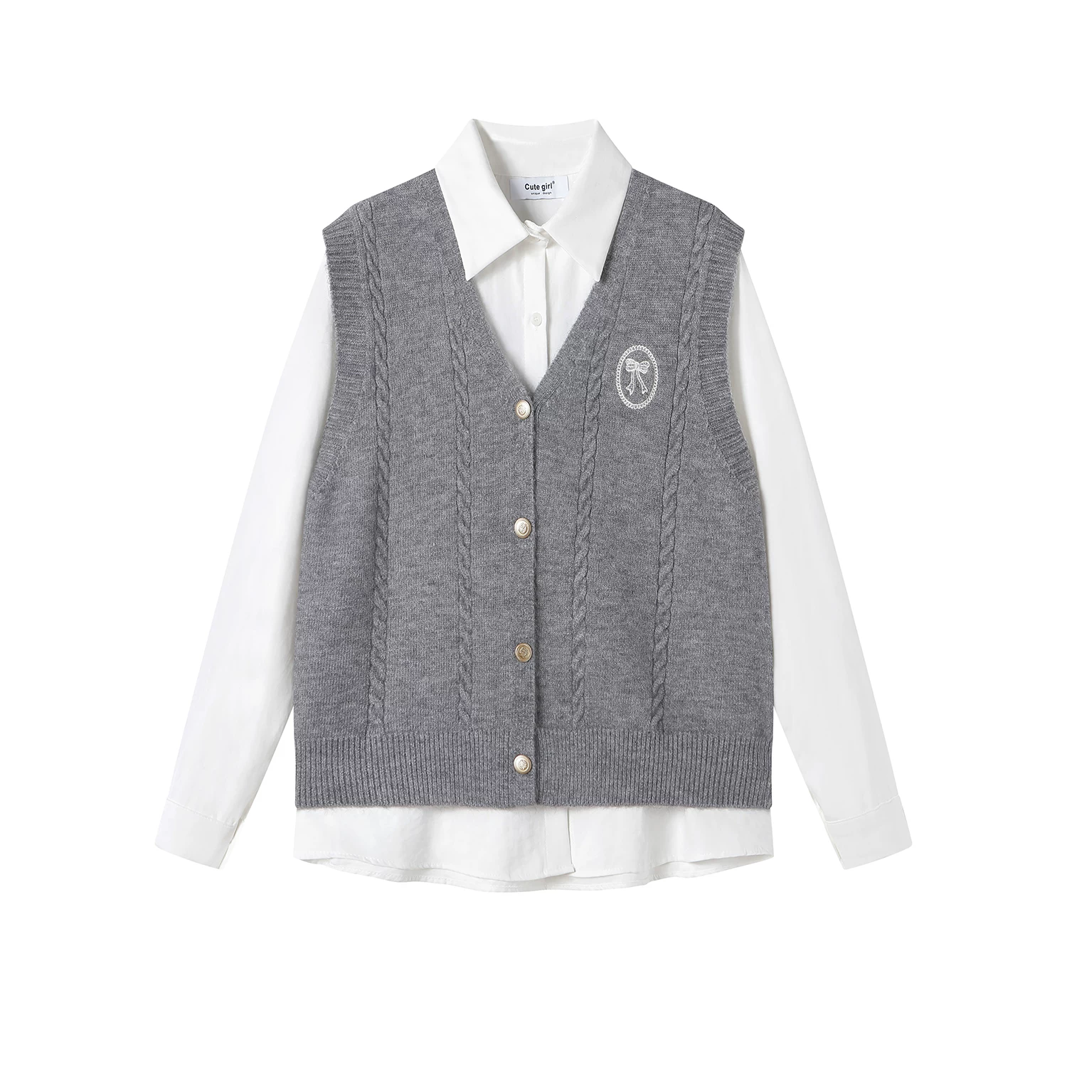 Áo cardigan dệt kim giảm tuổi tác theo phong cách preppy của CuteGirl dành cho nữ, phối lớp mùa xuân với áo sơ mi dài tay, bộ hai món