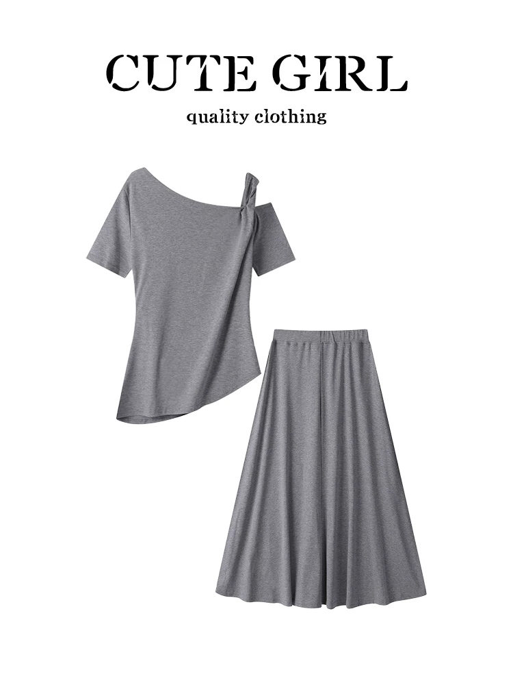 Bộ trang phục phong cách lười biếng và thư giãn của CuteGirl dành cho nữ, áo thun ngắn tay trễ vai phong cách retro mùa hè, váy hai mảnh giảm béo