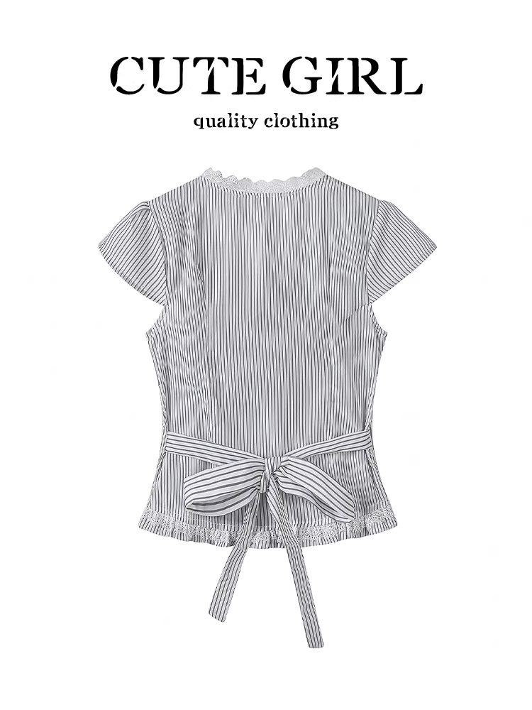 Áo sơ mi sọc ngắn tay viền ren phong cách Pháp dễ thương dành cho nữ, áo thun dáng ôm mùa hè có nơ