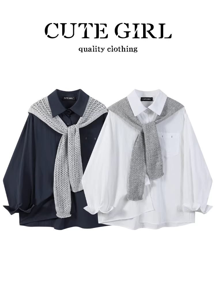 Áo sơ mi dài tay cổ polo màu trắng phong cách Hàn Quốc có khăn choàng cho nữ, áo sơ mi dáng rộng thanh lịch mùa thu, đa năng