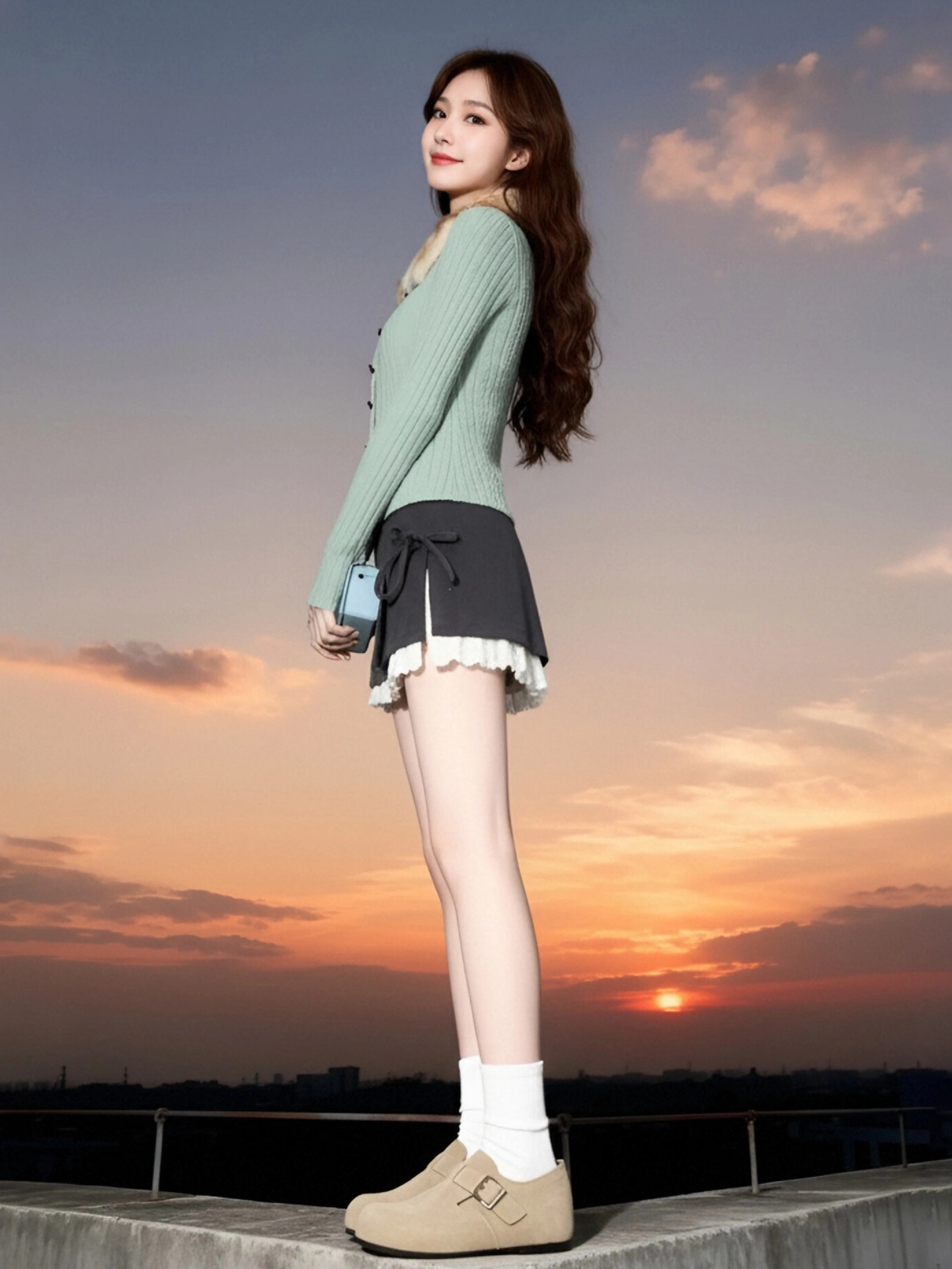 Áo len cardigan có cổ lông chắp vá màu xanh lá cây phong cách Hàn Quốc dành cho nữ, áo len dệt kim đa năng vừa vặn vào đầu mùa xuân