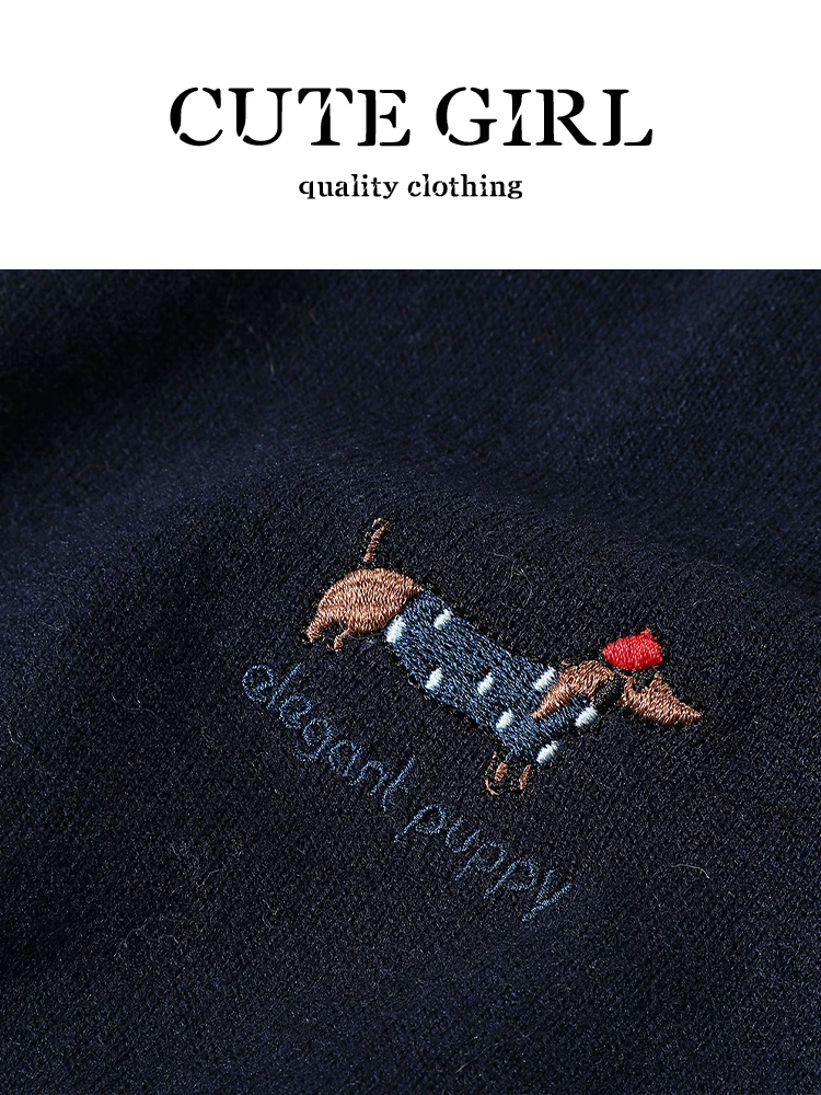 Áo len dệt kim cổ chữ V màu xanh hải quân phong cách preppy CuteGirl dành cho nữ, áo len cardigan dáng rộng thanh lịch mùa thu, đa năng