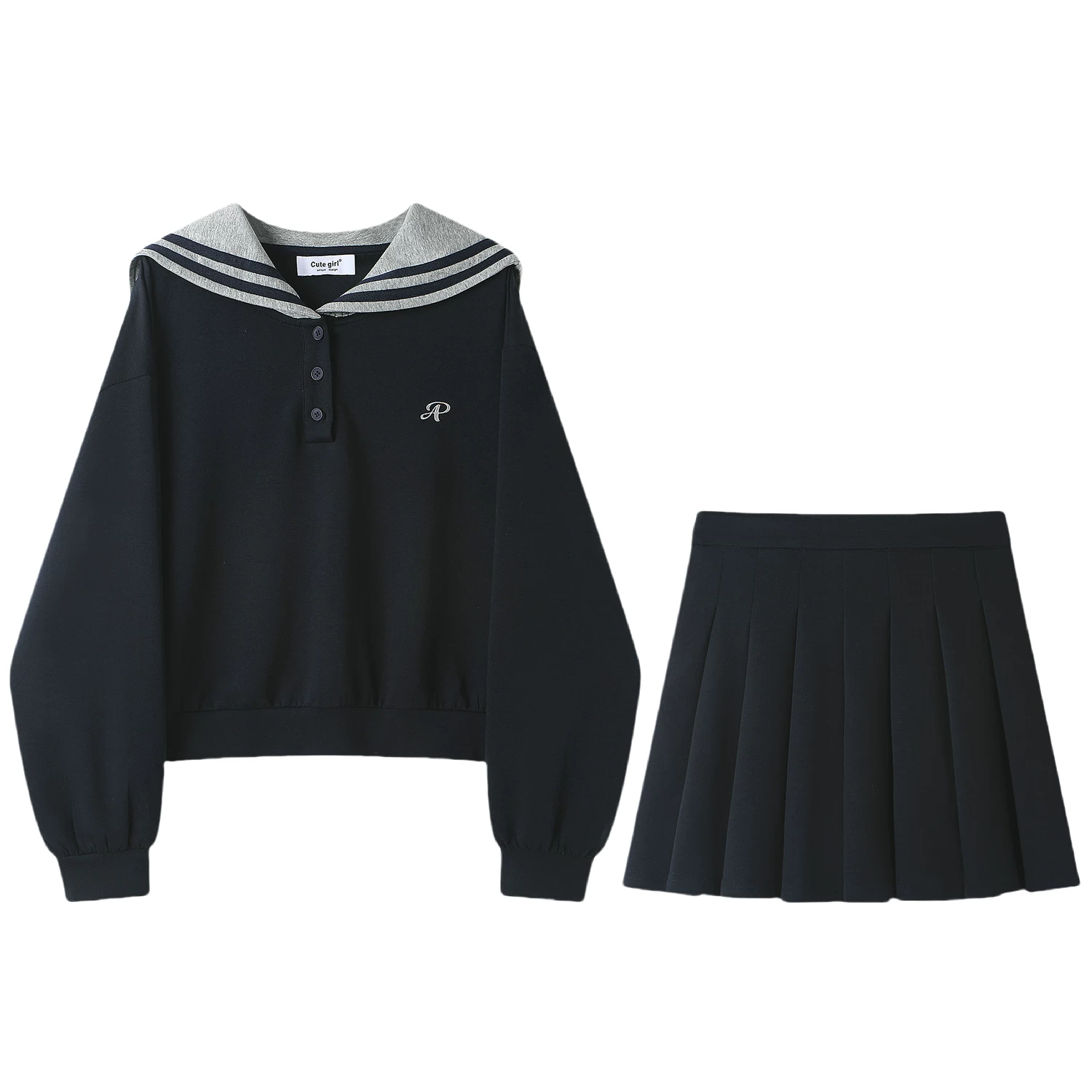 CuteGirl phong cách Hàn Quốc tương phản cổ áo màu xám hải quân áo len nữ mùa xuân váy ngắn xếp ly bộ đồ hai mảnh