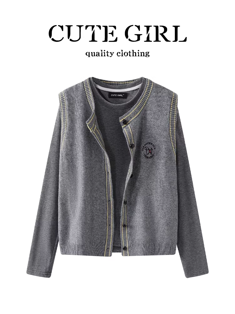 Bộ trang phục giảm tuổi tác CuteGirl dành cho nữ, áo vest dệt kim thêu màu xám mùa thu, áo thun dài tay, bộ đồ thường ngày