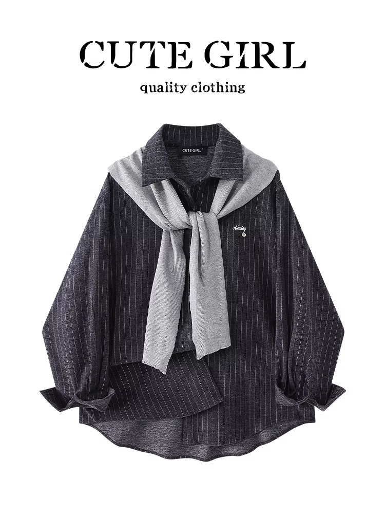 Áo sơ mi cổ polo sọc cao cấp có khăn choàng cho nữ, phong cách mùa thu, áo sơ mi dáng rộng, giản dị và đa năng