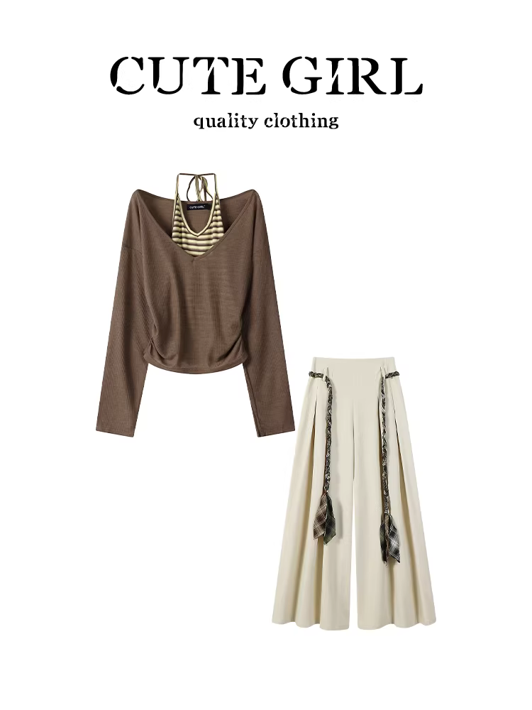Bộ trang phục đầu thu phong cách Hàn Quốc CuteGirl dành cho nữ, áo thun dài tay cổ yếm giả hai mảnh và quần thường ngày cạp cao, bộ hai mảnh