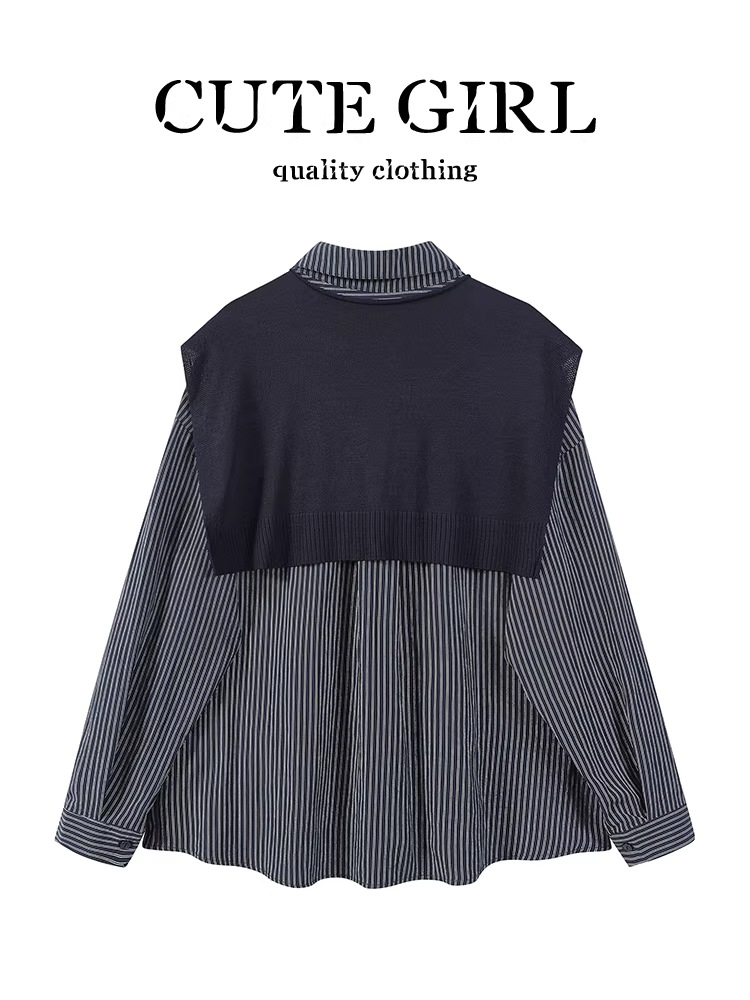 Áo sơ mi dài tay cổ polo sọc phong cách Hàn Quốc CuteGirl dành cho nữ, áo sơ mi dáng rộng thanh lịch mùa thu đa năng độc đáo