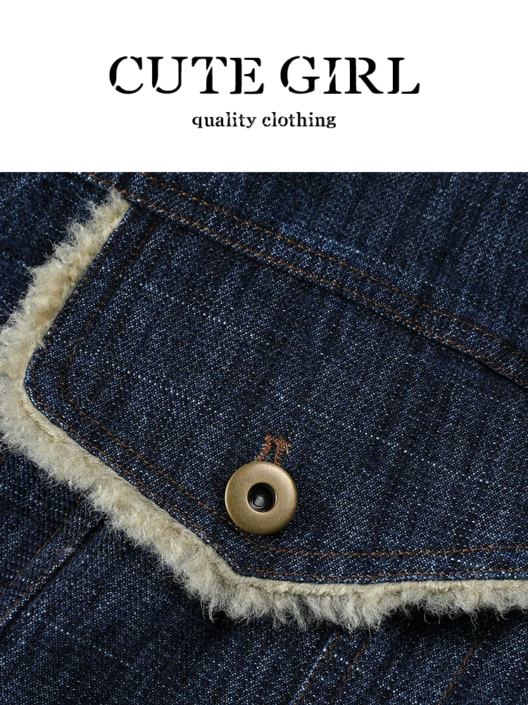 Áo khoác denim lót nhung cổ điển Hàn Quốc của CuteGirl dành cho nữ, thiết kế thu đông, áo khoác dáng rộng, giản dị, đa năng và ấm áp
