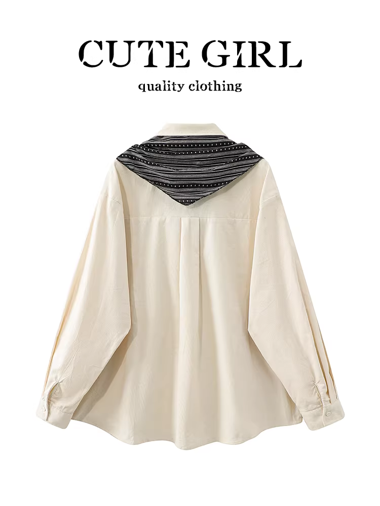 Áo sơ mi thêu nhung kiểu Hàn Quốc có khăn choàng dành cho nữ, thiết kế mùa thu, áo sơ mi dáng rộng, giản dị và đa năng