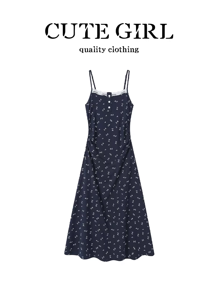 CuteGirl Đầm dây spaghetti họa tiết hoa màu xanh lam kiểu Pháp cao cấp dành cho nữ, váy dài hở lưng thắt eo sang trọng mùa hè