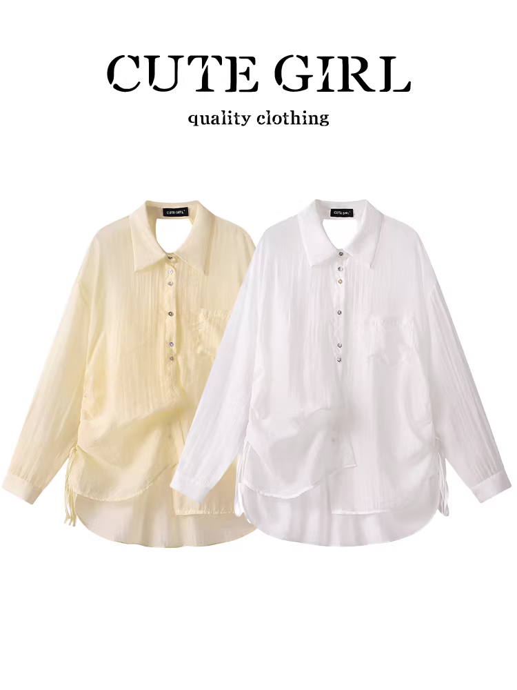 CuteGirl thiết kế kiểu Pháp cut out áo chống nắng màu trắng hở lưng áo sơ mi dài tay phong cách lười biếng mùa hè dành cho nữ