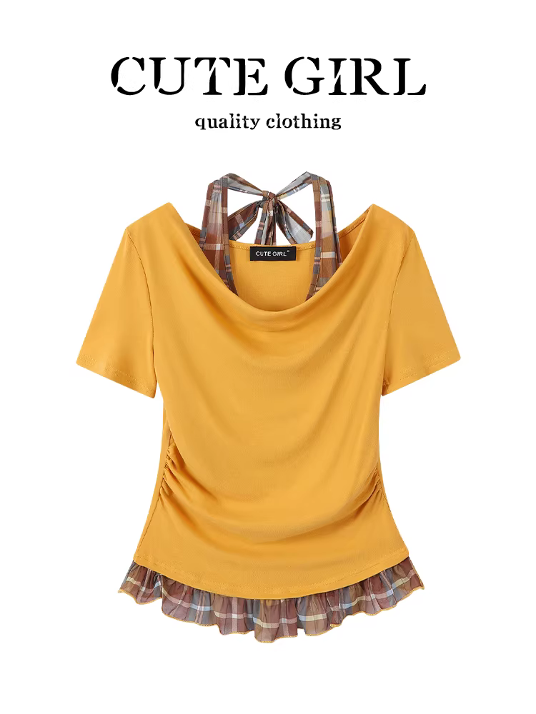 Áo thun ngắn tay giả hai mảnh kiểu Hàn Quốc dễ thương dành cho nữ, thiết kế mùa hè với áo thun có eo thon