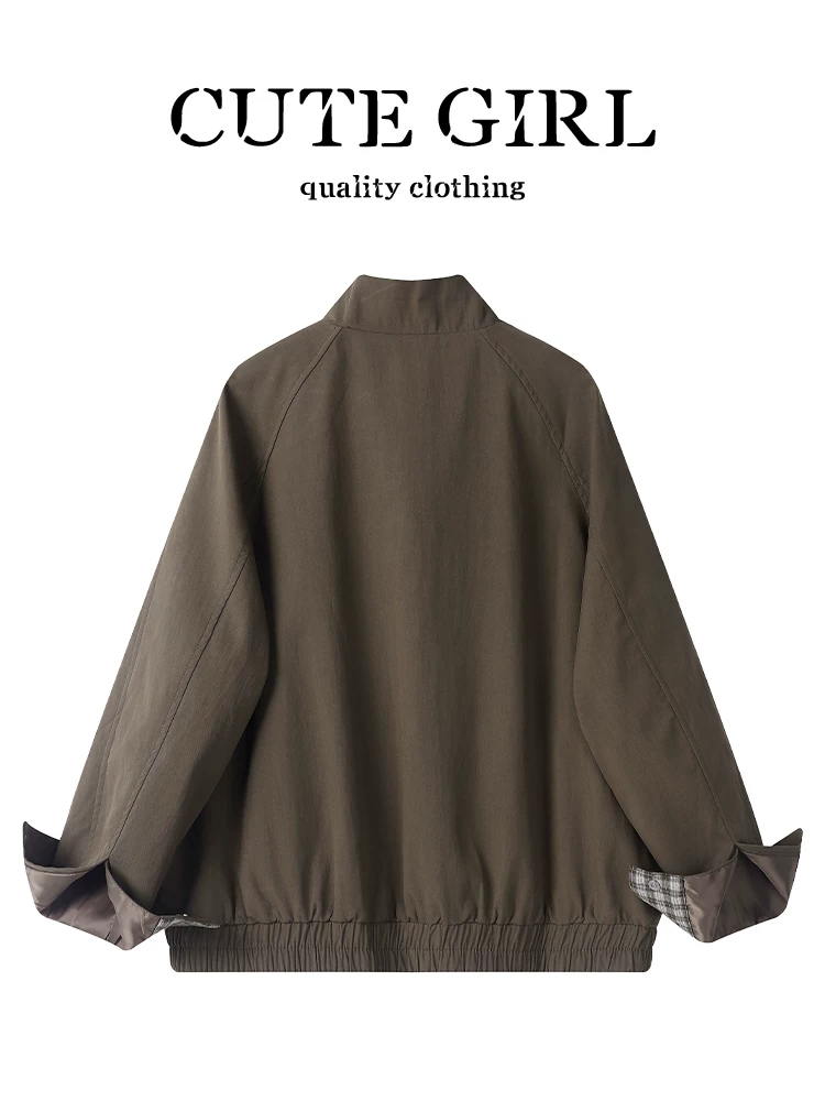 Áo khoác trench coat kiểu dáng cổ đứng màu cà phê, phong cách retro Mỹ, dành cho nữ, kiểu dáng mùa thu, phong cách tiền cổ điển, áo khoác thường ngày.