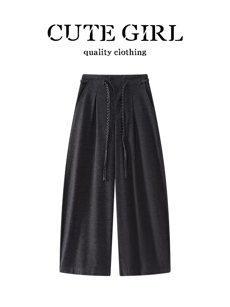 Quần ống đứng màu xám đậm phong cách retro CuteGirl dành cho nữ, mùa thu đông, nhỏ nhắn, lưng cao, giảm béo, quần ống rộng đa năng