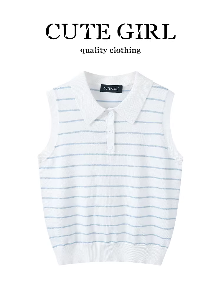 CuteGirl thiết kế theo phong cách phối màu áo polo sọc cổ áo dệt kim không tay dành cho nữ đầu thu dáng ôm vừa vặn áo đa năng