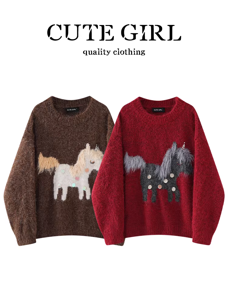 Áo len cổ tròn jacquard màu cà phê cổ điển CuteGirl dành cho nữ, phong cách Giáng sinh mùa đông, áo sequin rộng rãi và đa năng