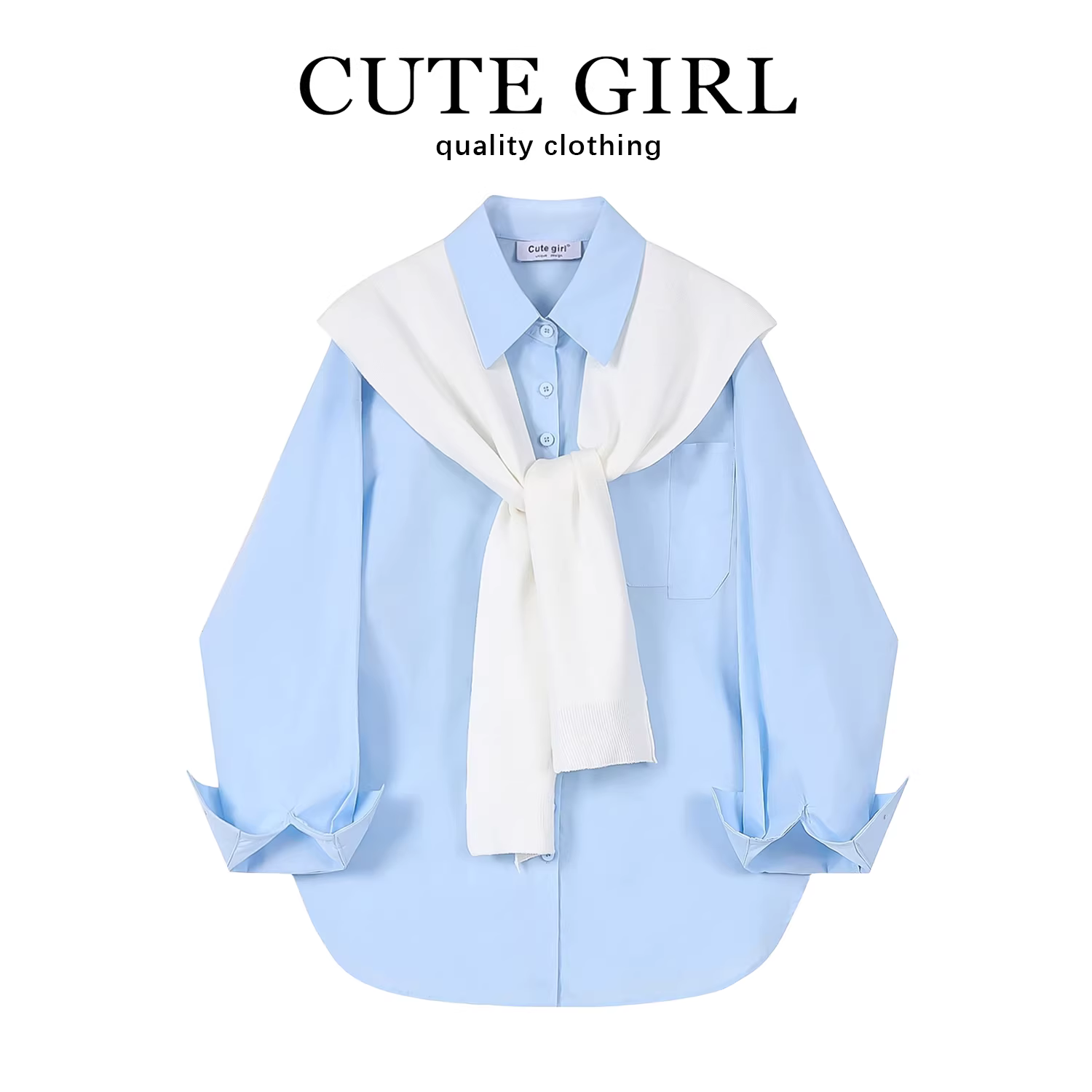 Áo sơ mi khăn choàng màu xanh phong cách Hàn Quốc của CuteGirl dành cho nữ, phong cách mới đầu thu, áo khoác ngoài dài tay mùa xuân và mùa thu áo khoác dài tay