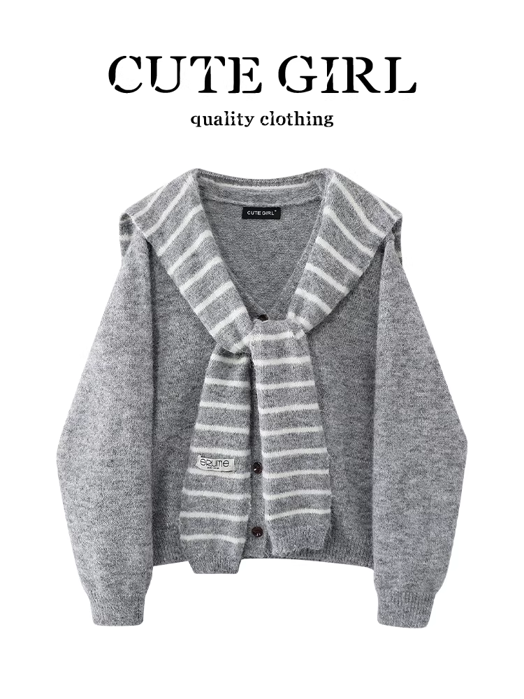 Áo len dệt kim cổ chữ V màu xám phong cách lười biếng CuteGirl dành cho nữ, mùa thu đông, áo len thanh lịch, dáng rộng, giản dị, đa năng