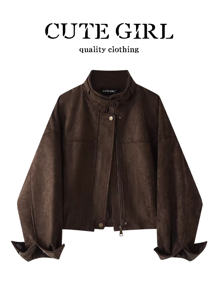 Áo khoác ngắn bằng da lộn cổ đứng màu cà phê phong cách CuteGirl Barn dành cho nữ, phong cách mùa thu, áo khoác dáng rộng, giản dị và đa năng